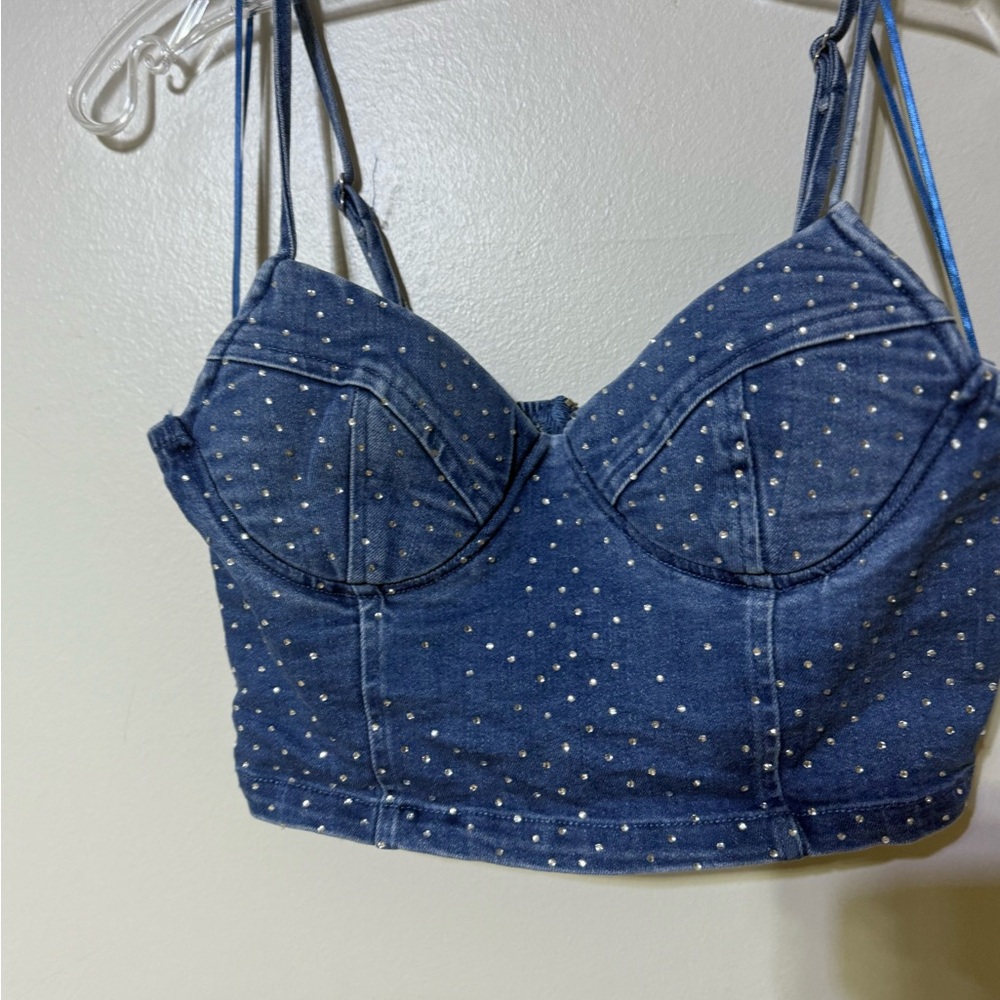 Blue Embellished Sleeveless Bustier Crop Top